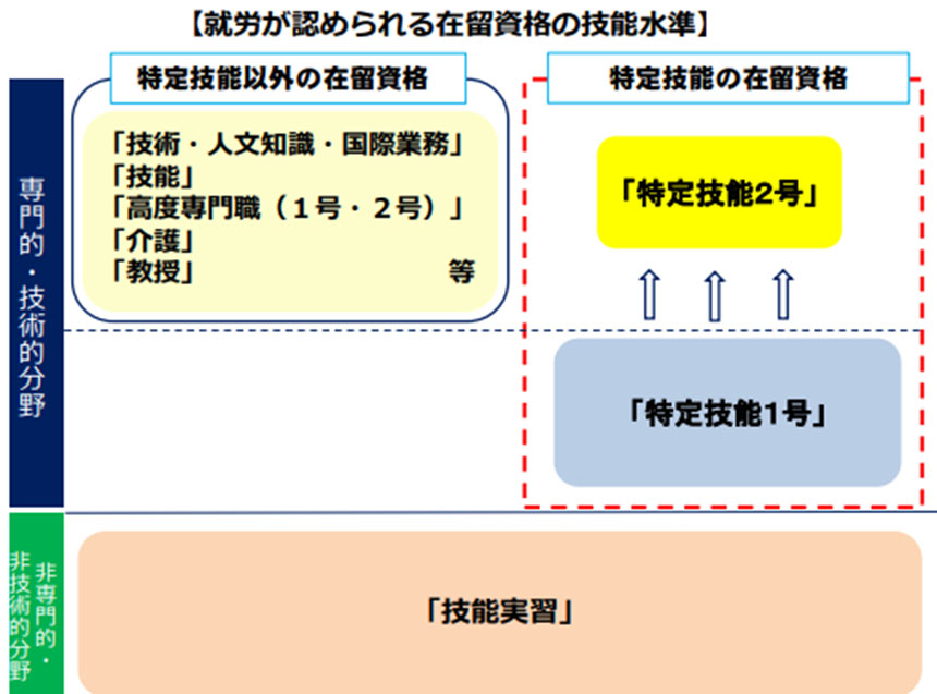 就労が認められる在留資格の技能水準